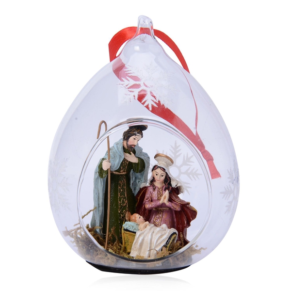 Home Decor - Set of 2 - Snowflake Glass Ornament with Nativity Inside (Size 11X7 Cm)