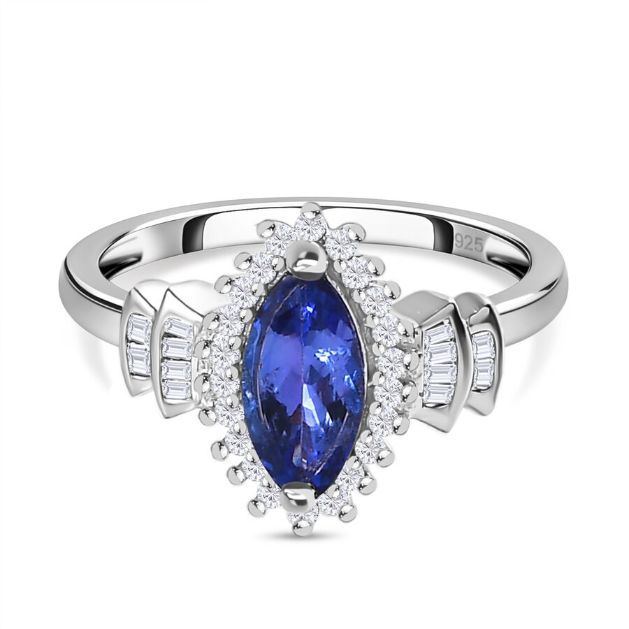 Tanzanite and Diamond Ring in Platinum Overlay Sterling Silver 0.93 Ct.