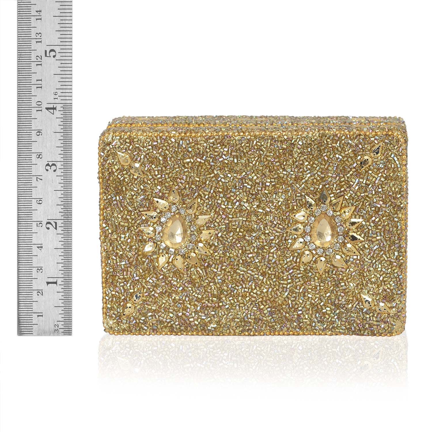 Golden Colour Jewellery Box Decorated with Golden and White Beads with a Tray Inside (Size 15x10x6 Cm)