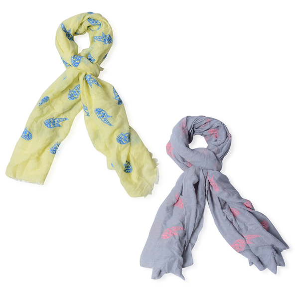 Set of 2 - Designer Inspired Paisley Pattern Light Grey and Yellow Colour Scarf (Size 180x70 Cm)