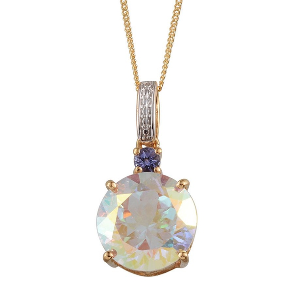 Mercury Mystic Topaz (Rnd 8.00 Ct), Tanzanite Pendant With Chain in 14K Gold Overlay Sterling Silver