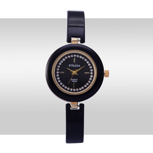 STRADA Japanese Movement Black Dial with White Austrian Crystal Water Resistant Watch in Gold Tone with Stainless Steel Back and Black Ceramic Strap