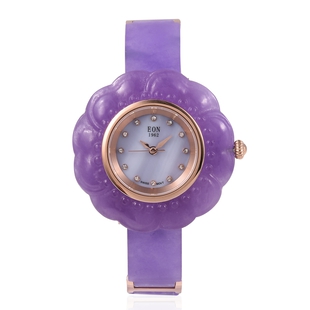 EON 1962 Carved Purple Jade MOP Swiss Movement Water Resistant Watch.Total Ct Wt 116 Cts