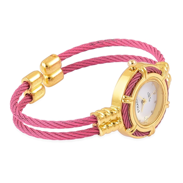 STRADA Japanese Movement Pink Colour Bangle Watch in Gold Tone with Stainless Steel Back