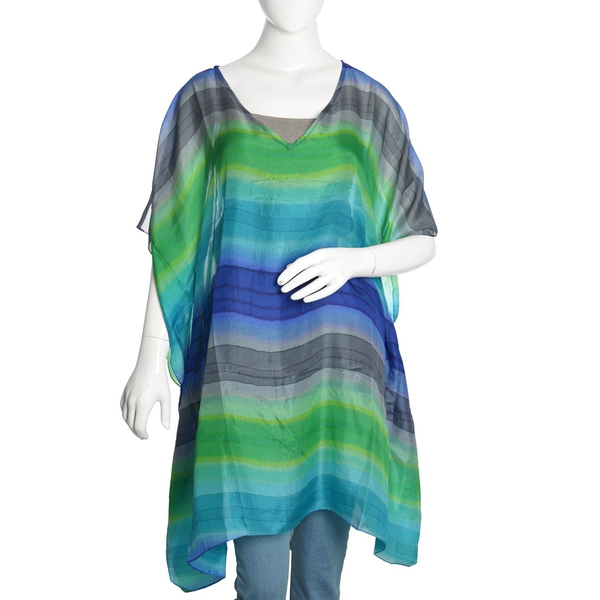 100% Mulberry Silk Blue, Green and Multi Colour Stripes Printed Kaftan (Free Size)