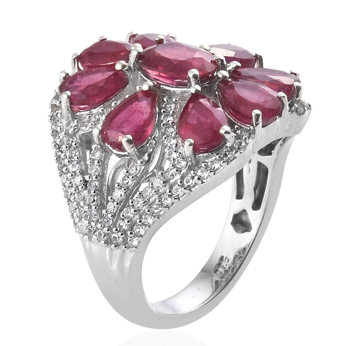 African Ruby (Ovl), Natural Cambodian Zircon Floral Ring in Platinum Overlay Sterling Silver 7.000 Ct., Silver wt 5.74 Gms.