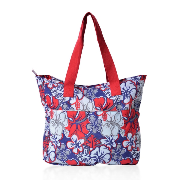 Red, White, Blue and Multi Colour Floral Pattern Tote Bag With External Zipper Pocket (Size 39x39x7 Cm)