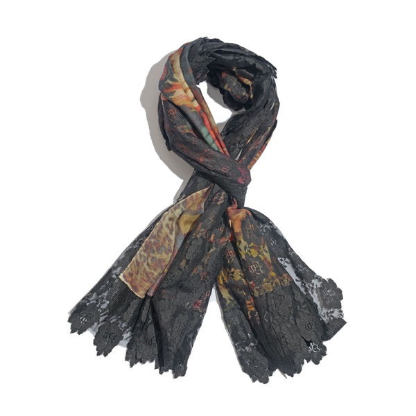 Hand Knitted - (50% Mulberry Silk and 50% Merino Wool) Black and Multi Colour Leopard and Floral Pattern Scarf with Floral Lace Border (Size 170x75 Cm)