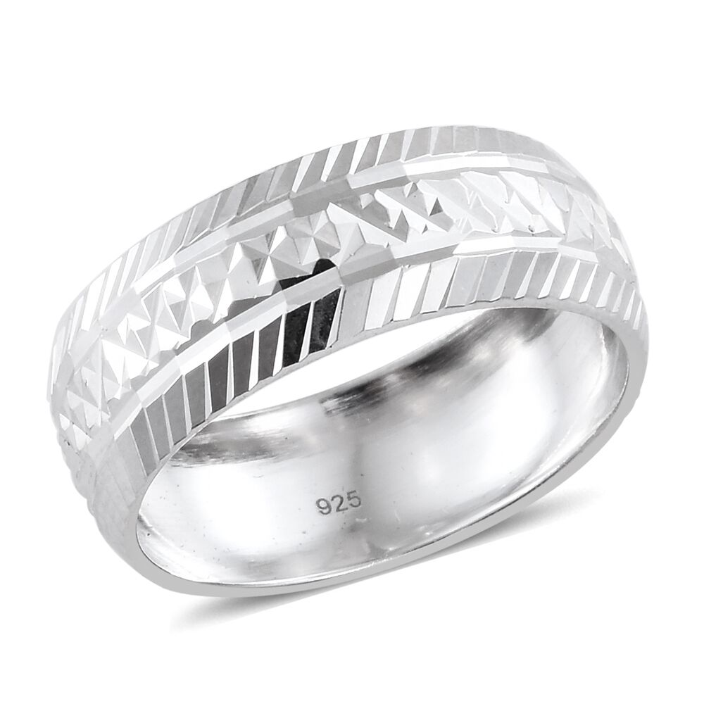 Rhodium Plated Sterling Silver Diamond Cut Band Ring, Silver wt 3.70 Gms.