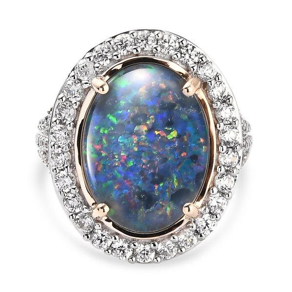 9K Yellow Gold AA Australian Boulder Opal and Natural Cambodian Zircon Ring 7.62 Ct.
