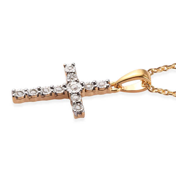 Diamond (Rnd) Cross Pendant with Chain (Size 20) in 14K Gold and Platinum Overlay Sterling Silver 0.100 Ct.