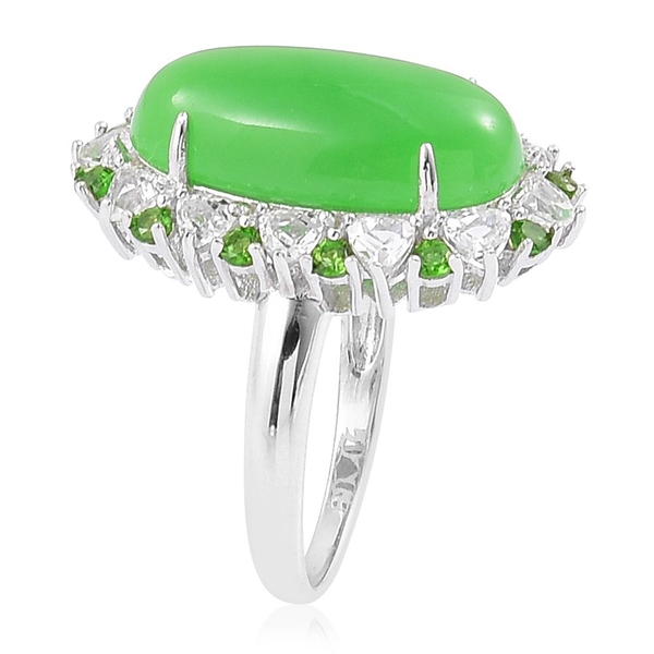 Green Jade (Ovl 10.00 Ct), White Topaz and Chrome Diopside Ring in Rhodium Plated Sterling Silver 12.030 Ct.