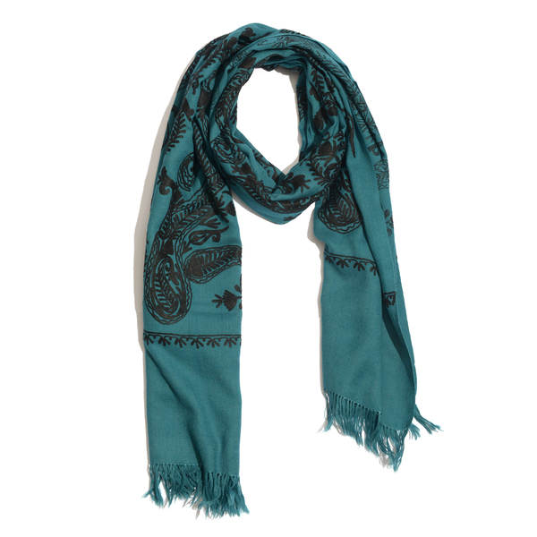 Limited Available - 100% Merino Wool Black Colour Leaf and Paisley Embroidered Indigo Colour Scarf (Size 190x70 Cm)