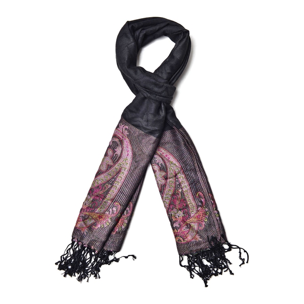 Pink and Multi Colour Floral and Paisley Pattern Black Colour Scarf with Fringes (Size 170x68 Cm)