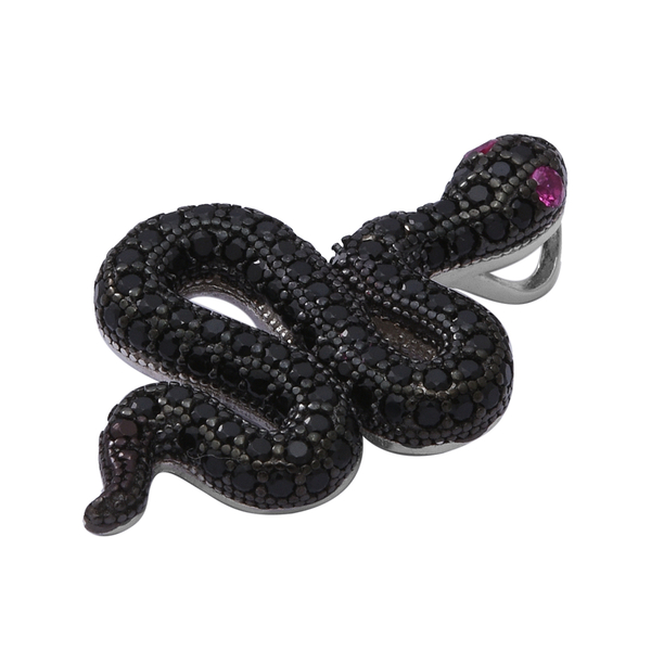 ELANZA Serpent Collection- Simulated Black Spinel and Simulated Ruby Serpent Pendant in Black Rhodium Overlay Sterling Silver