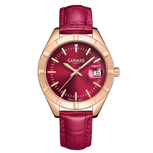 Gamages Of London Twilight Raspberry Dial Diamond Studded Water Resistant Watch with Raspberry Leath