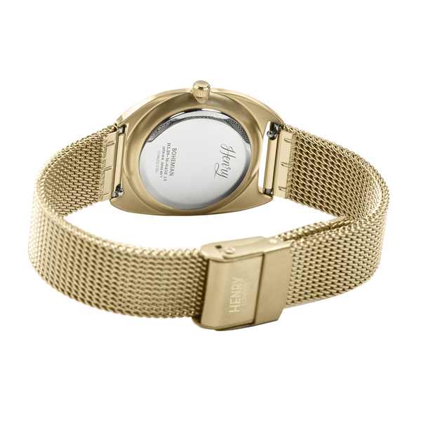 Henry London Vintage Square Round Ladies White Silver Dial 3 ATM Water Resistant Watch with Gold Colour Mesh Bracelet