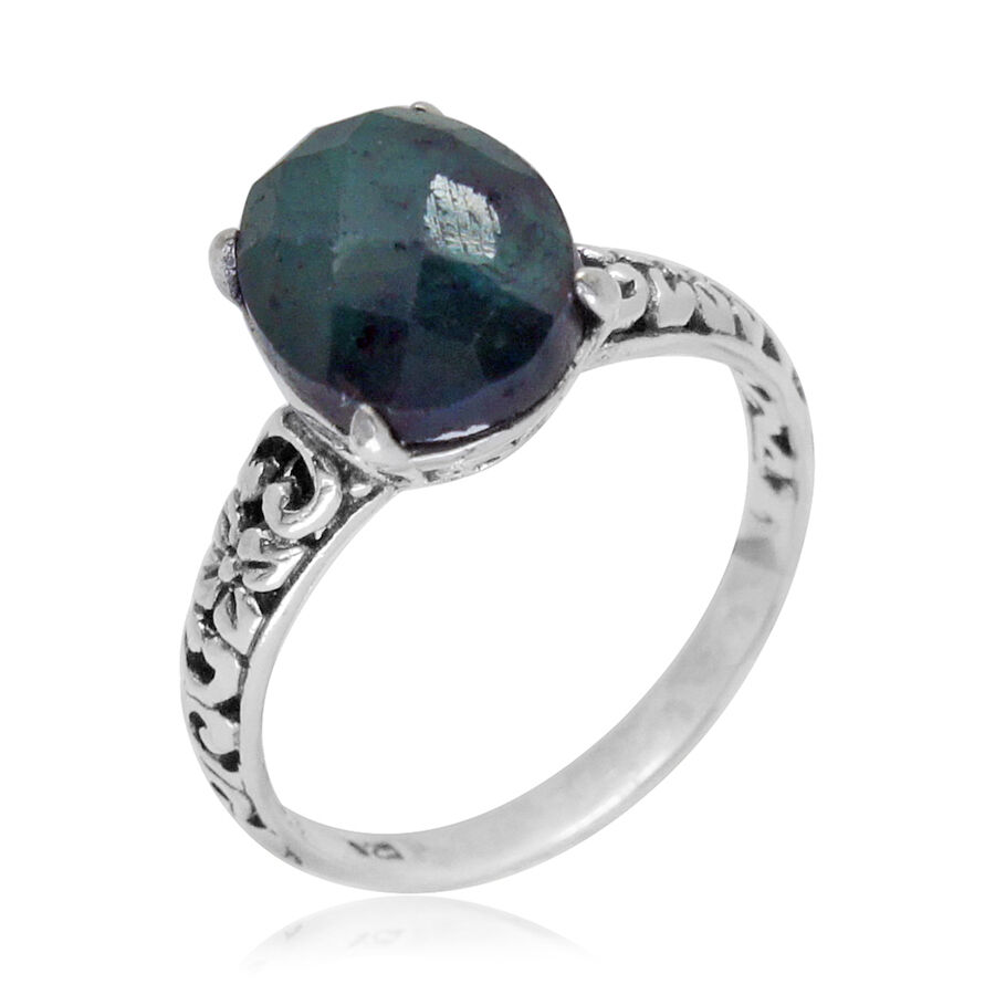 Hand Made Rare Indian Emerald (Ovl) Solitaire Ring in Sterling Silver 6.690 Ct.