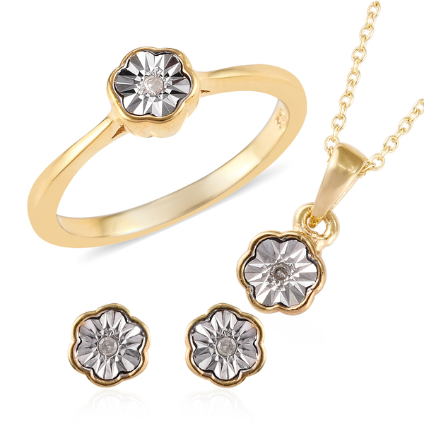 Set of 3 Diamond (Rnd) Ring, Earrings (with Push Back) and Pendant With Chain (Size 20) in 14K Gold 