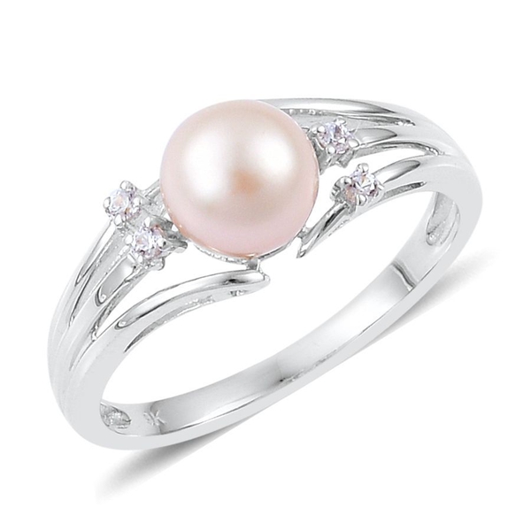 9K W Gold AAA Japanese Akoya Pearl (Rnd 7-8mm), Natural Cambodian White Zircon Ring