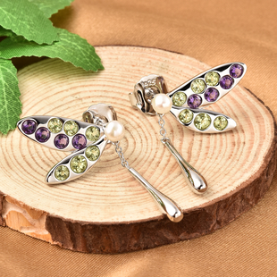 LucyQ Dragonfly Collection - Freshwater White Pearl, Hebei Peridot and Amethyst Earrings in Rhodium Overlay Sterling Silver 3.430 Ct.