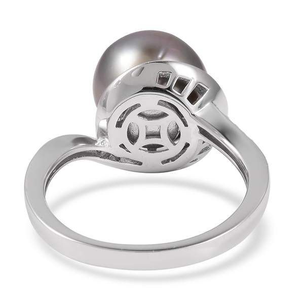 Tahitian Pearl (Rnd), Natural Cambodian White Zircon Ring in Rhodium Overlay Sterling Silver