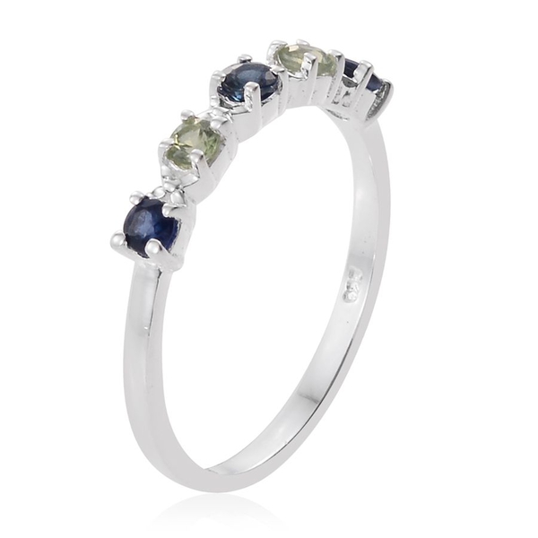 Green Sapphire and Blue Sapphire (Rnd) 5 Stone Ring in Sterling Silver 0.750 Ct.