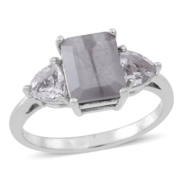 Natural Silver Sapphire (Oct 3.50 Ct), White Topaz Ring in Rhodium Plated Sterling Silver 5.500 Ct.