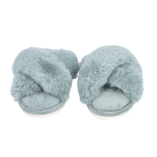 Super Soft Cross Band Faux Fur Slippers (Size L: 7-8) - Blue
