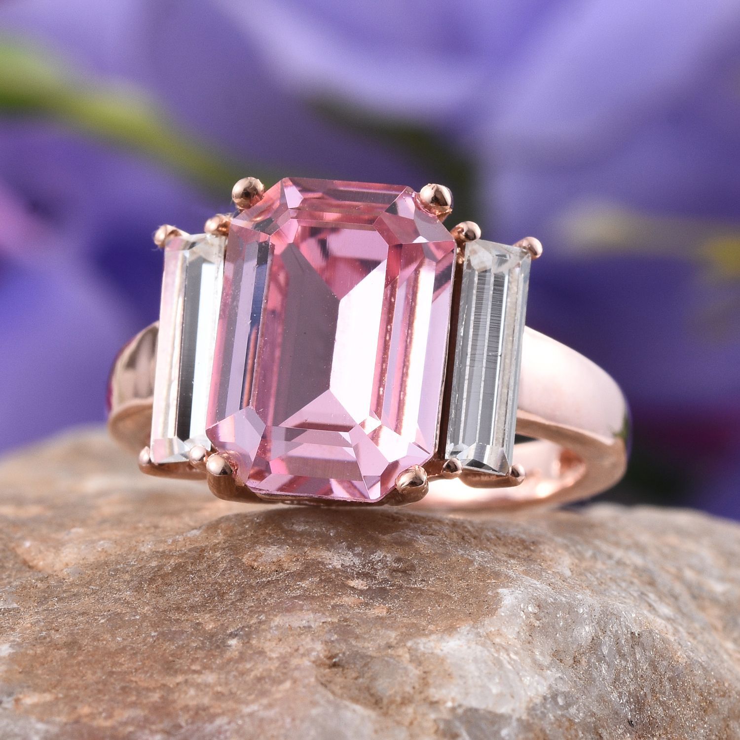 - Light Rose Crystal (Oct), White Crystal Ring in ION Plated Rose Gold Bond