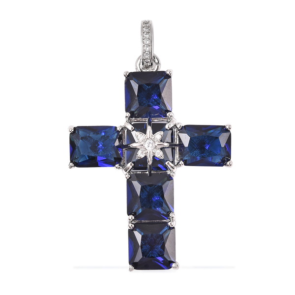 2 Piece Set - Simulated Blue and White Diamond Ring and Cross Pendant with Chain (Size 20 with 3 inch Ext.) in Silver Tone