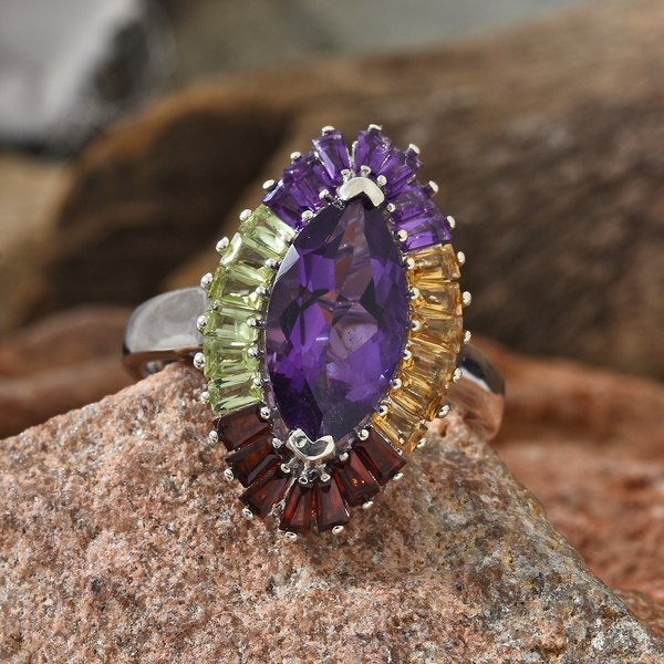 Spring Collection - Amethyst Marquise and Multi Gemstone Ring in Platinum Overlay Sterling Silver 5.50 Ct. 5.2 Grams Silver