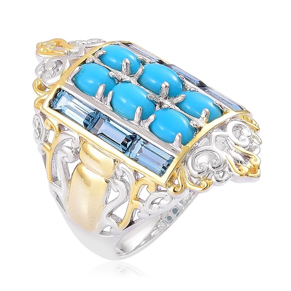 Arizona Sleeping Beauty Turquoise (Ovl), London Blue Topaz Ring in Rhodium and Yellow Gold Overlay Sterling Silver 4.900 Ct. Silver wt 9.19 Gms.
