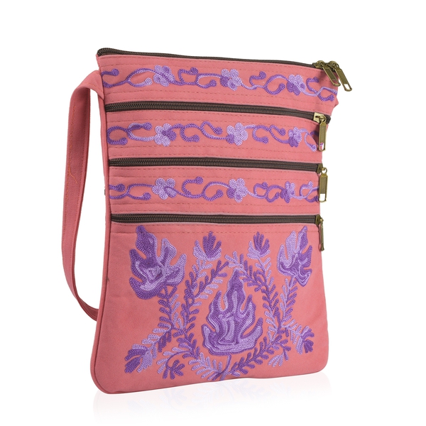 Pink and Purple Colour Hand Embroidered Floral and Leaves Pattern Sling Bag with External Zipper Pocket (Size 26X22 Cm)