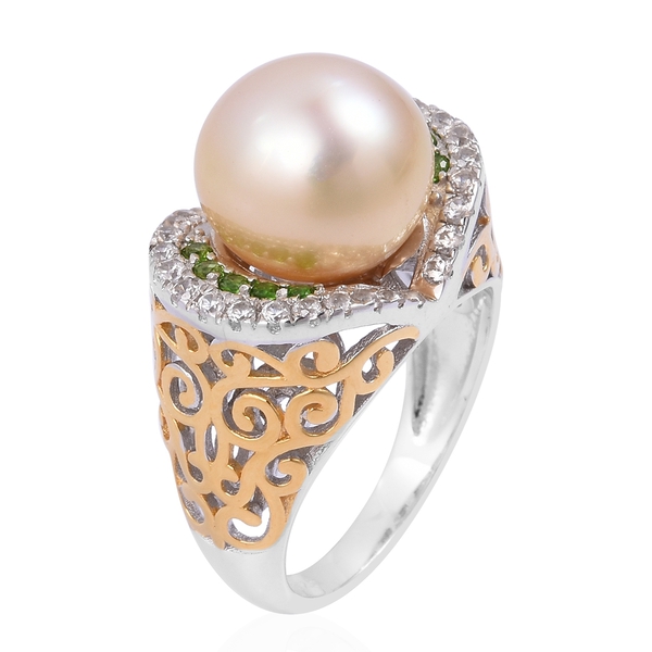 Rare Size South Sea Golden Pearl (Rnd 11.5-12 mm), Natural White Cambodian Zircon and Chrome Diopside Ring in Rhodium and Gold Overlay Sterling Silver 11.110 Ct. Silver wt 5.35 Gms.