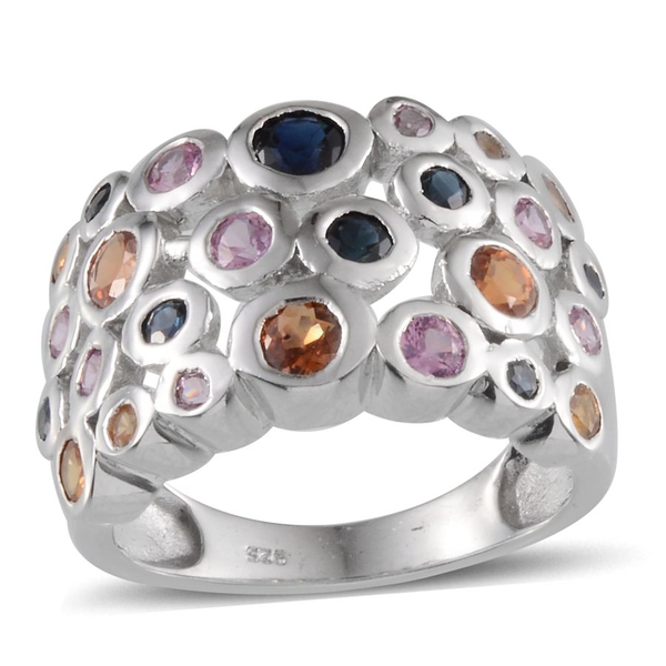 Orange Sapphire (Rnd), Kanchanaburi Blue Sapphire and Pink Sapphire Ring in Platinum Overlay Sterlin