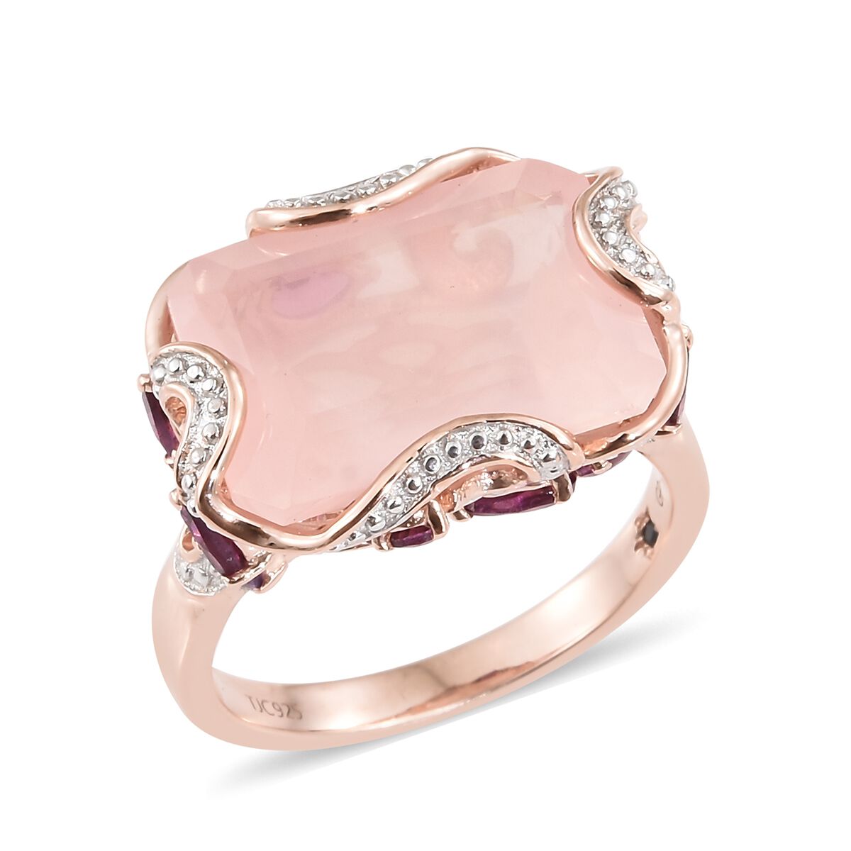 GP Rose Quartz (Oct), Rhodolite Garnet, Amethyst and Kanchanaburi Blue Sapphire Ring in Rose Gold Ov