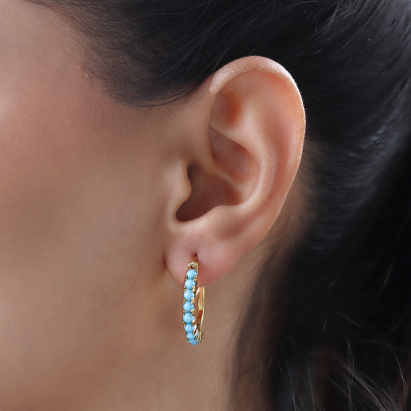 Arizona Sleeping Beauty Turquoise Hoop Earrings (with Clasp Lock) in 14K Gold Overlay Sterling Silver 1.64 Ct