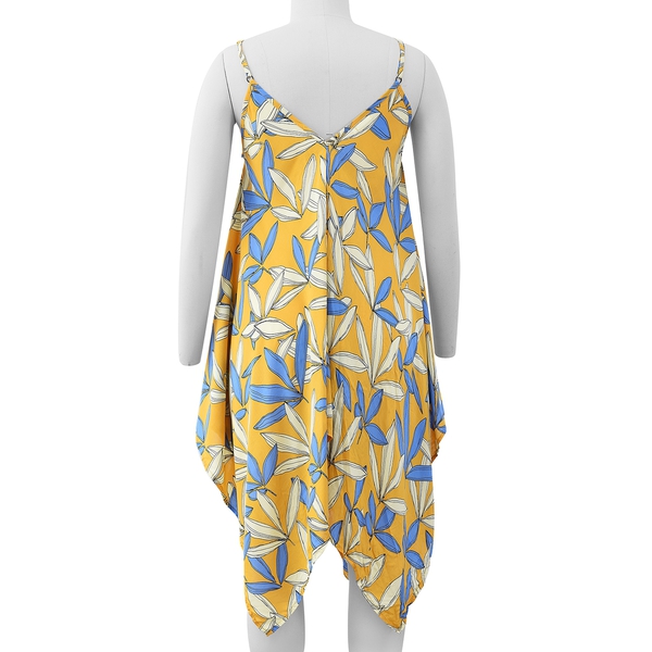 Yellow V-Neck Slip Dress with Blue Colour Leaf Pattern