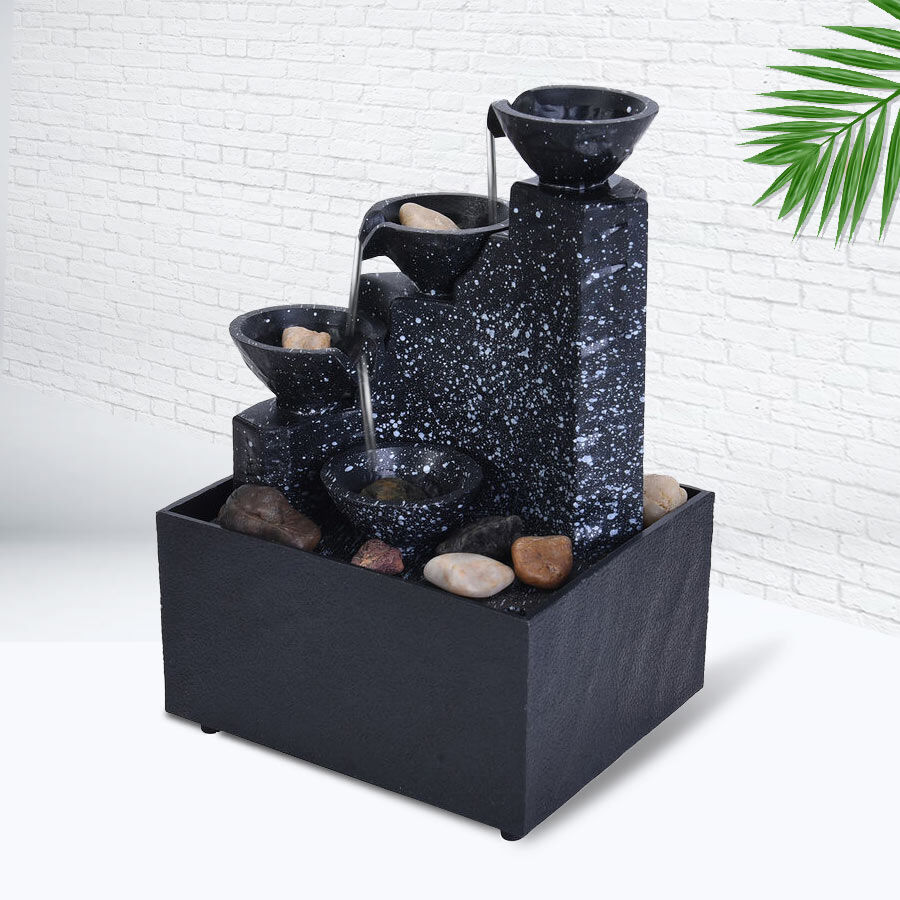 4 Layer Mini Water Fountain with Pebbles Black Portable with LED