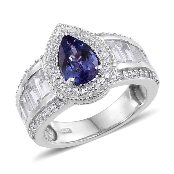 Limited Available AA Tanzanite (Pear 1.25 Ct), Natural Cambodian Zircon Ring in Platinum Overlay Ste