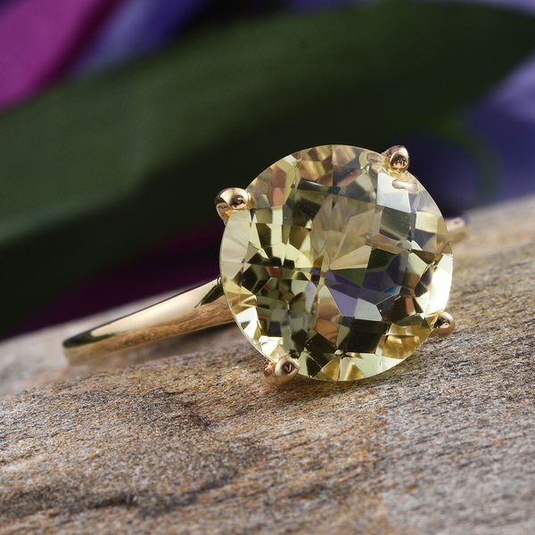 Checkerboard Cut Natural Ouro Verde Quartz (Rnd) Solitaire Ring in 14K Gold Overlay Sterling Silver 6.000 Ct.
