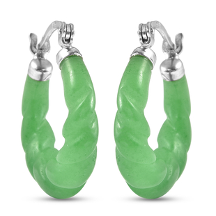 Designer Inspired- Carved Green Jade Twisted Earrings (with Hoop) in Sterling Silver- Green