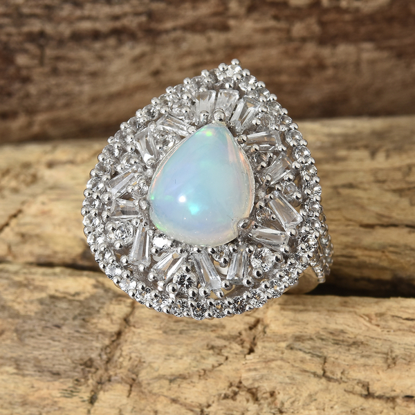 Limited Available- Ethiopian Welo Opal (Pear 11x9 mm, 2.15 Ct), White Topaz Ring in Platinum Overlay Sterling Silver 4.500 Ct, Silver wt 6.36 Gms.