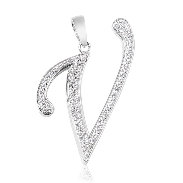 ELANZA AAA Simulated White Diamond V Initial Pendant in Platinum Overlay Sterling Silver