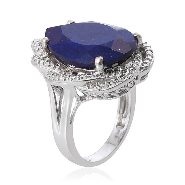 Lapis Lazuli (Pear 12.00 Ct), Diamond Ring in Platinum Overlay Sterling Silver 12.010 Ct.