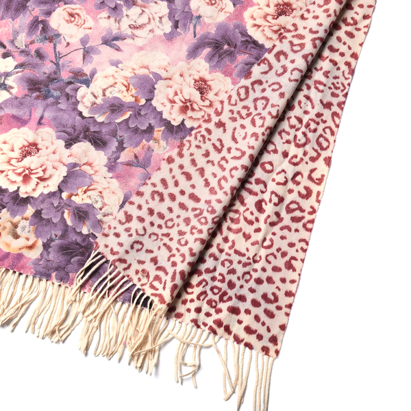 LA MAREY Super Soft 100% Lambswool Reversible Beige Leopard and Dusty Pink Floral Pattern Shawl with Tassels (180x65cm)
