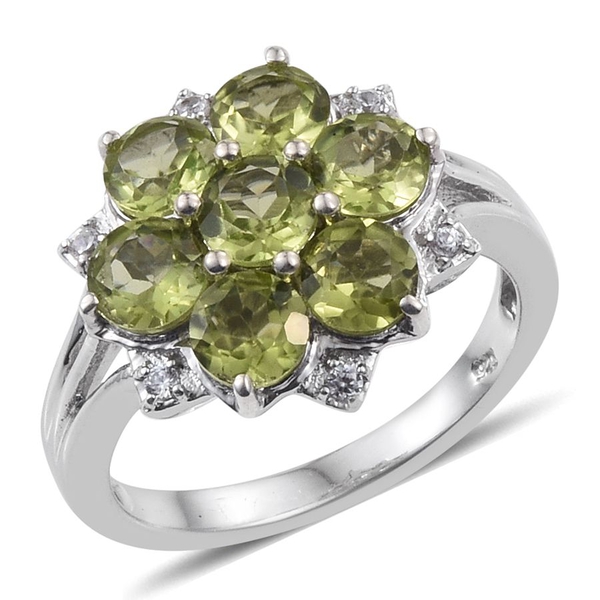 AA Hebei Peridot (Rnd), Natural Cambodian Zircon Floral Ring in Platinum Overlay Sterling Silver 3.2