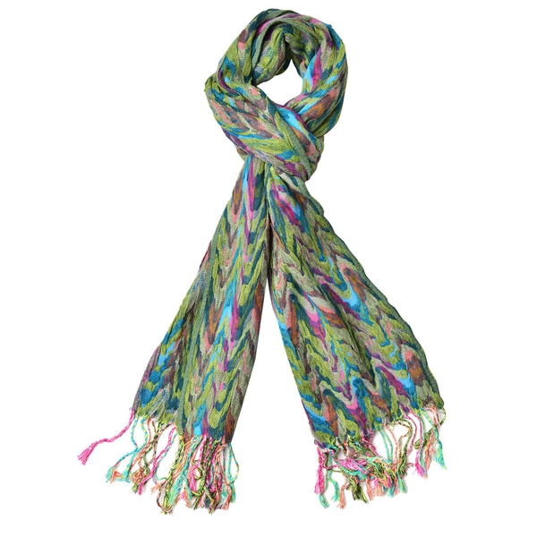 Italian Designer Inspired-Green, Pink and Multi Colour Zigzag Pattern Scarf with Tassels (Size 170X3