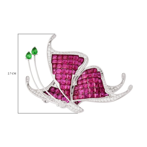 Lustro Stella - Mystery Setting Simulated Ruby, Simulated Diamond and Simulated Emerald Butterfly Brooch in Rhodium Overlay Sterling Silver